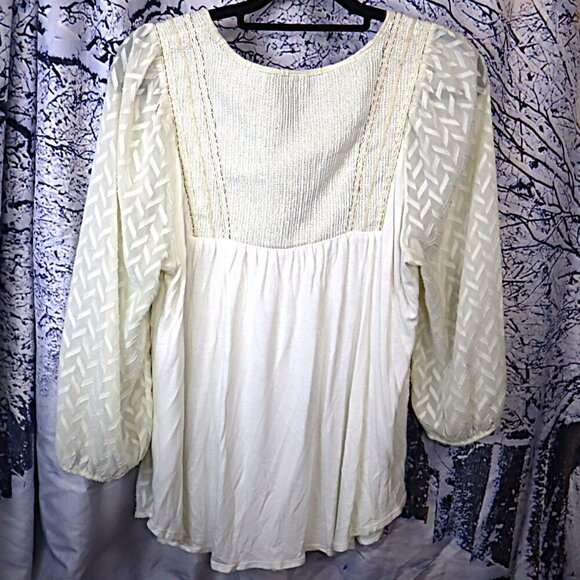 METALLIC CREAM LACE BLOUSE L Ivory White Gold Swim Cover Sheer Lined Boxy Summer - Picture 8 of 9